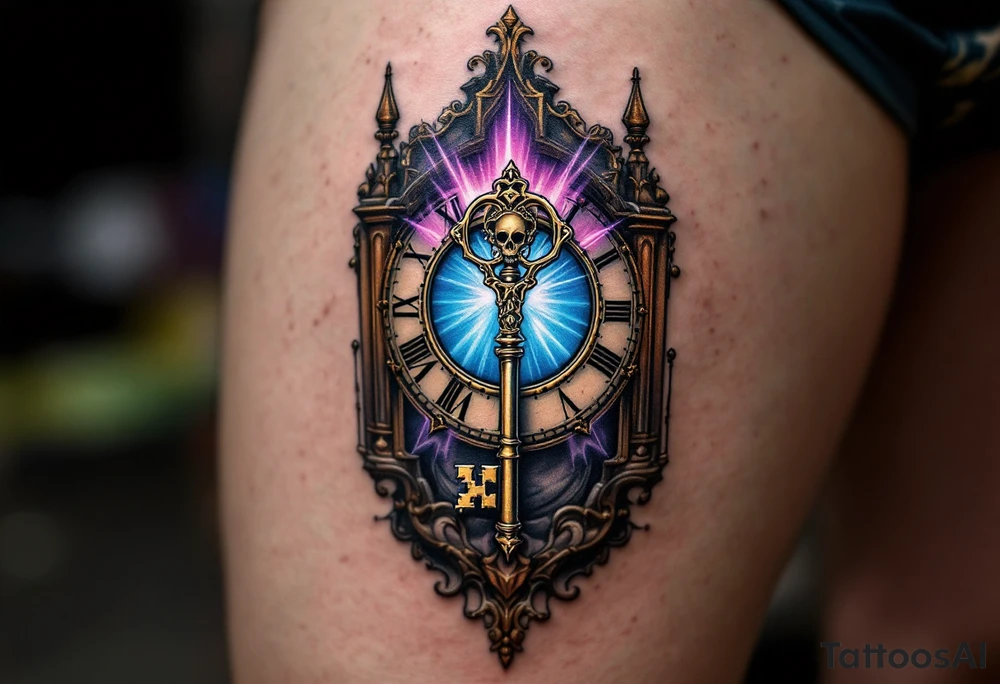 A skeleton key inserted into an antique clock, unlocking a radiant burst of blue and purple energy, symbolizing fate and destiny. tattoo idea