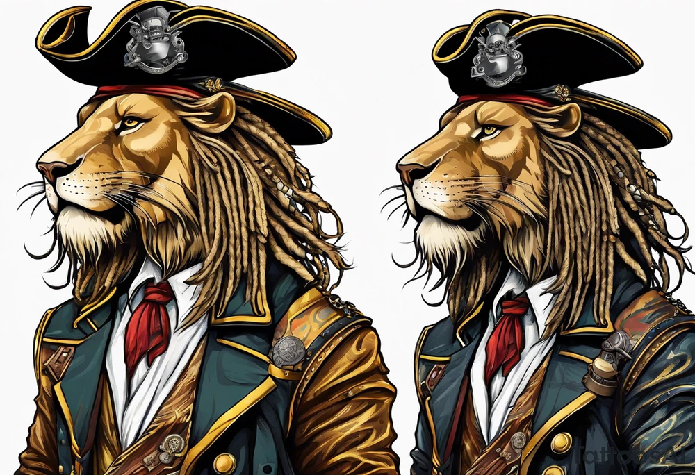 Pirate lion wearing jacket, sword and pistol, nautical steampunk theme. dreadlocks. tattoo idea