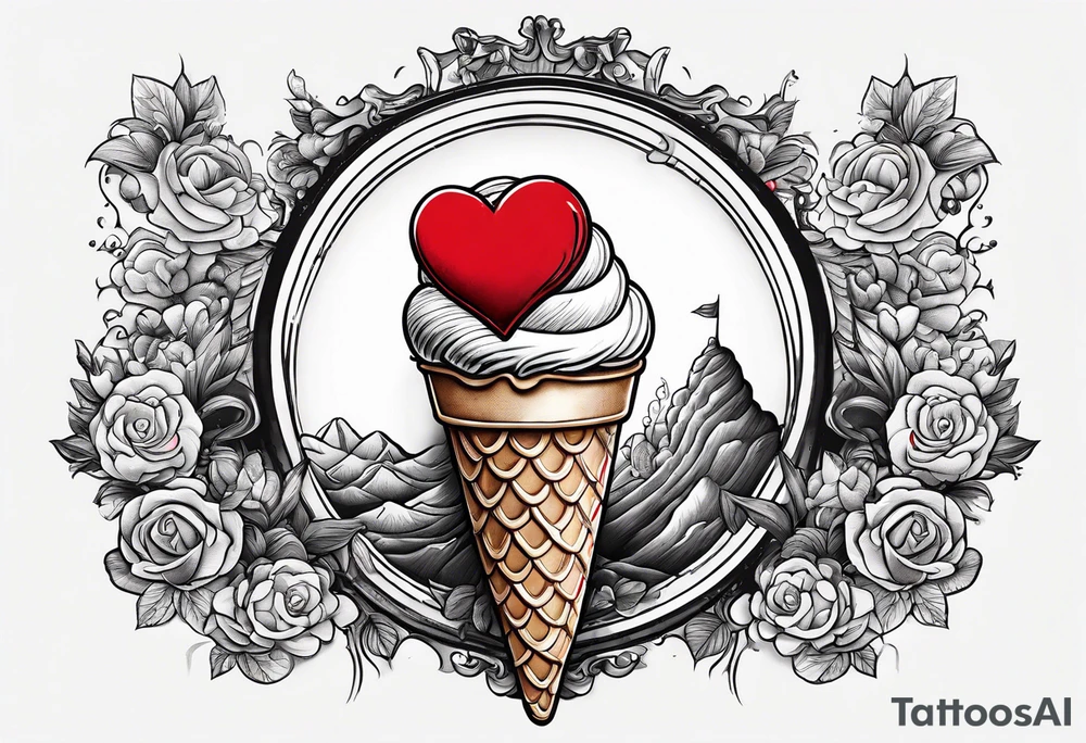 small one scoop ice cream cone with small red heart on it somewhere with unicorn tattoo idea