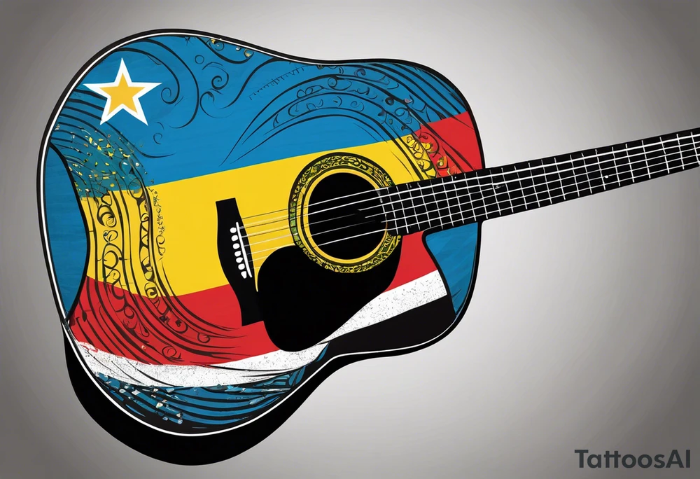 acoustic guitar with divided
 diagonally with one side with the flag of curacao, the other with some reggae colors. on the outside of the guitar, the side with the curacao flag to adorned with some beach or sea creature theme, like a sea turtle. The side with the reggae to have some music notes flowing out tattoo idea