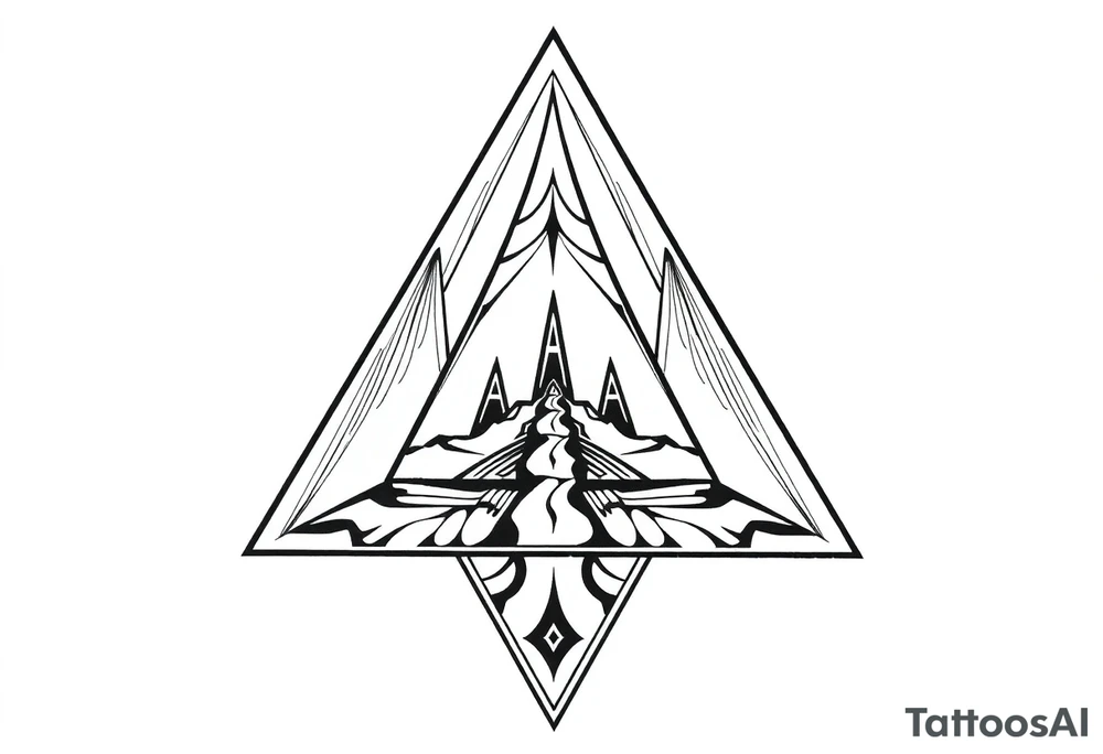 Five different paths meet in the center but should be back psychedelic and trippy and should be geometric lines and simple in a triangular shape tattoo idea