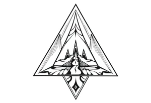 Five different paths meet in the center but should be back psychedelic and trippy and should be geometric lines and simple in a triangular shape tattoo idea