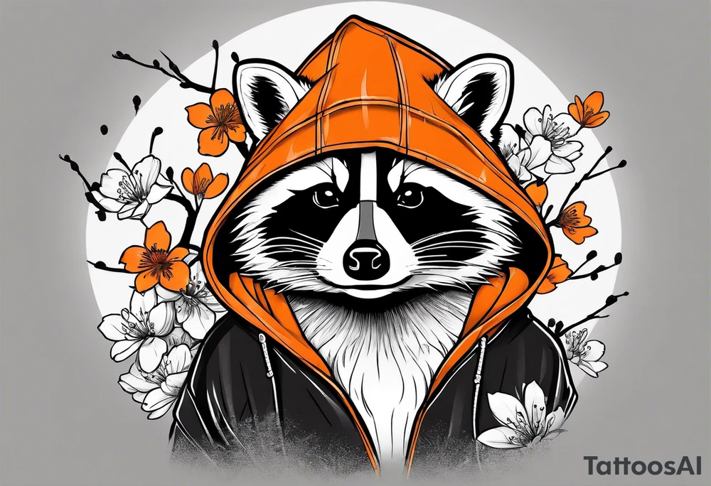 raccoon wearing a black and white Superman hoodie and orange Japanese cherry blossoms tattoo idea
