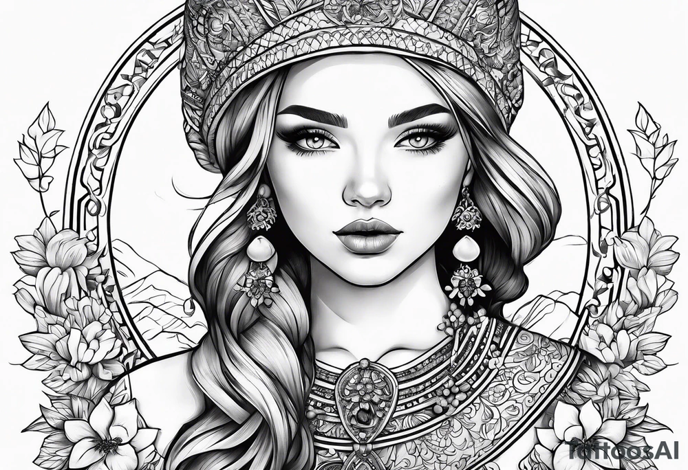 A tattoo design of a girl in the Norwegian national dress. Linework only, full body tattoo idea