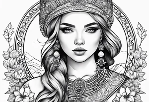 A tattoo design of a girl in the Norwegian national dress. Linework only, full body tattoo idea