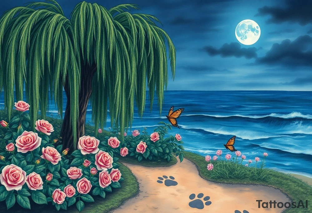 Night time. Ocean.  weeping willow garden with roses and liles flower beds. fantasy creatures, fairies, mermiads, dragons butterflies,  cat paw prints path in dirt. tattoo idea