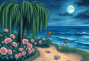 Night time. Ocean.  weeping willow garden with roses and liles flower beds. fantasy creatures, fairies, mermiads, dragons butterflies,  cat paw prints path in dirt. tattoo idea