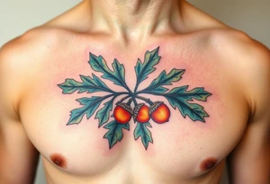 on the chest an oak branch with thick leaves and acorns oak branch with thick leaves and acorns tattoo idea
