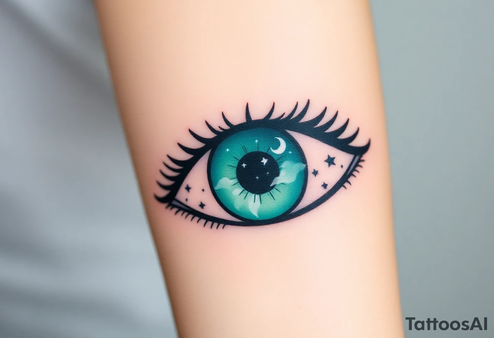 Large outline of an eye shaped like an almond with eye colored greenish blue with long pretty black eyelashes + spade eyeball inside of the eye + a crescent moon stars and clouds inside of the eyeball only + using vivid colors like blue green purple light blue light green light purple tattoo idea