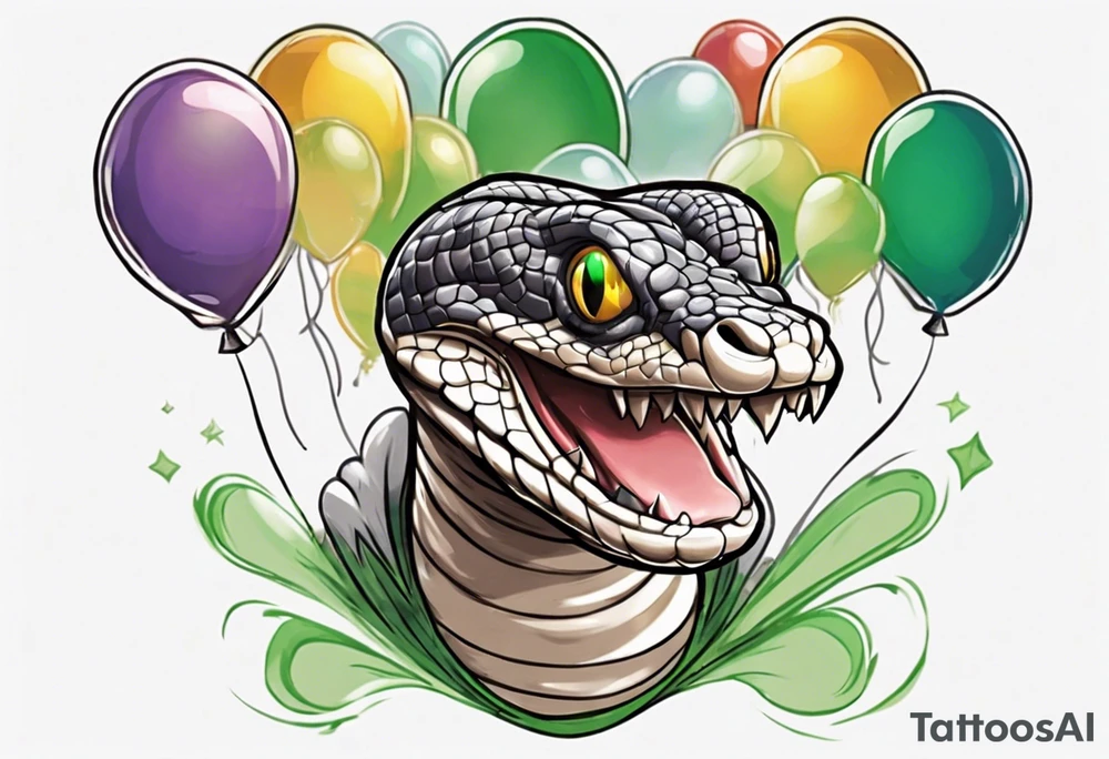 piedpython with colored ballons from movie up! aside and a green gem on the other side tattoo idea