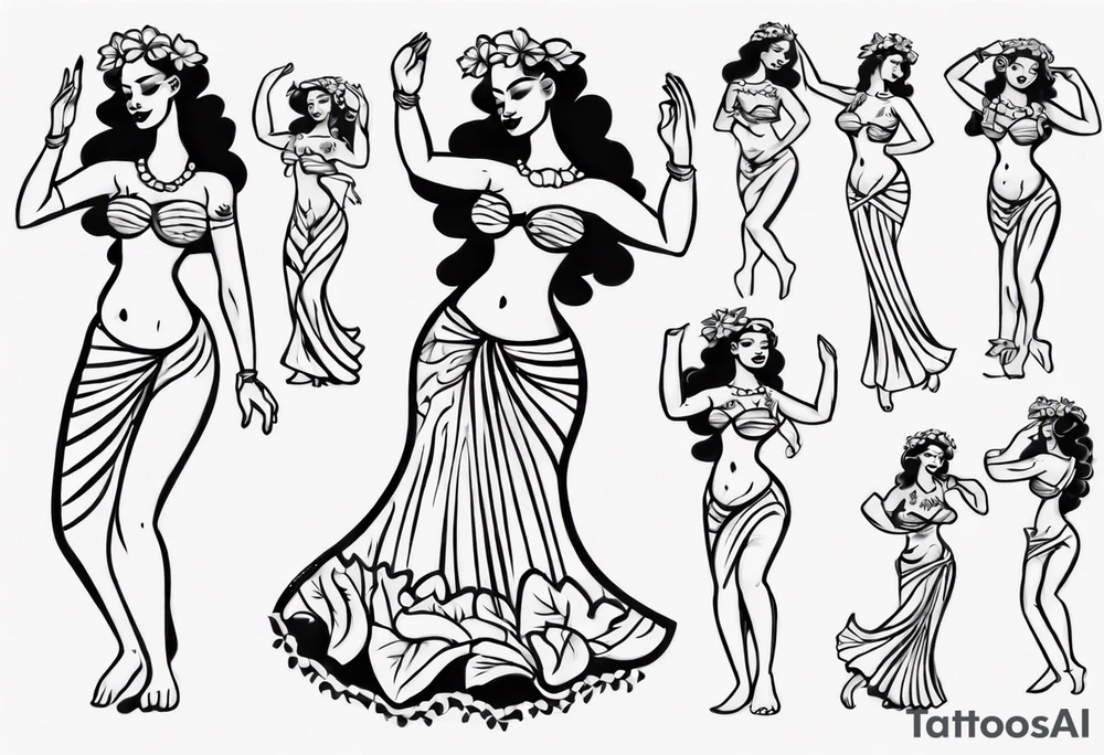 Old School Tattoo Style, Hula Girl dancing, full body, white background --no skin tattoo idea