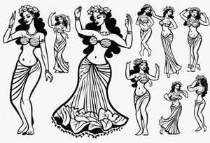 Old School Tattoo Style, Hula Girl dancing, full body, white background --no skin tattoo idea