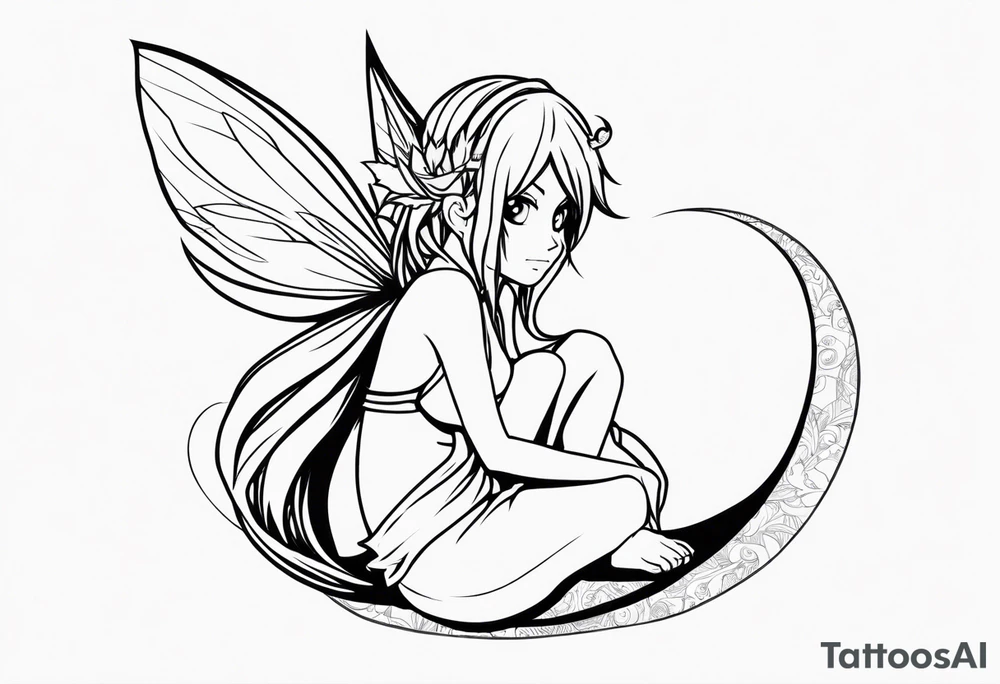 A fairy with a tail inspired by the logo of the show called Fairy Tail in a fetal position leaning in tattoo idea