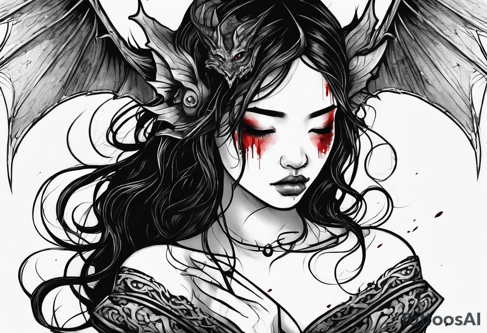 2 dimensional art of a bleeding girl threatened by an asian gargoyle tattoo idea