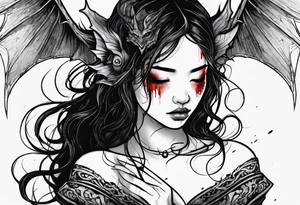 2 dimensional art of a bleeding girl threatened by an asian gargoyle tattoo idea