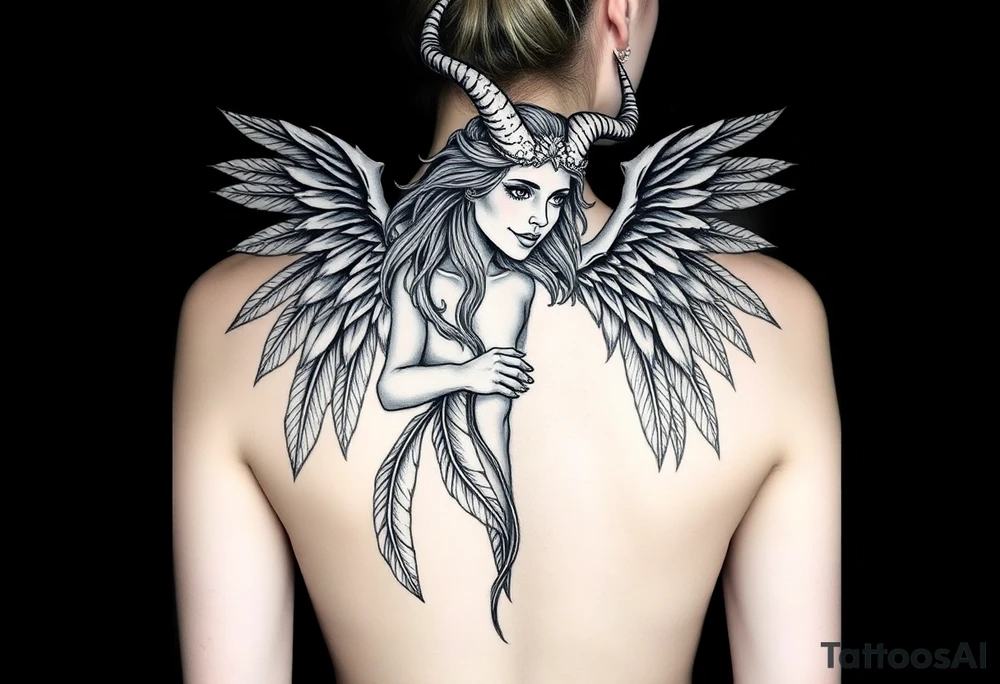 Woman Harpy with horns and lots of feathers tattoo idea