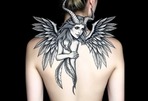 Woman Harpy with horns and lots of feathers tattoo idea