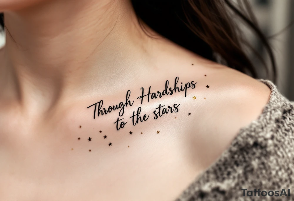 A minimal black line script of the english phrase “Through Hardships to the stars” is paired with tiny gold stars scattered along the collarbone. tattoo idea