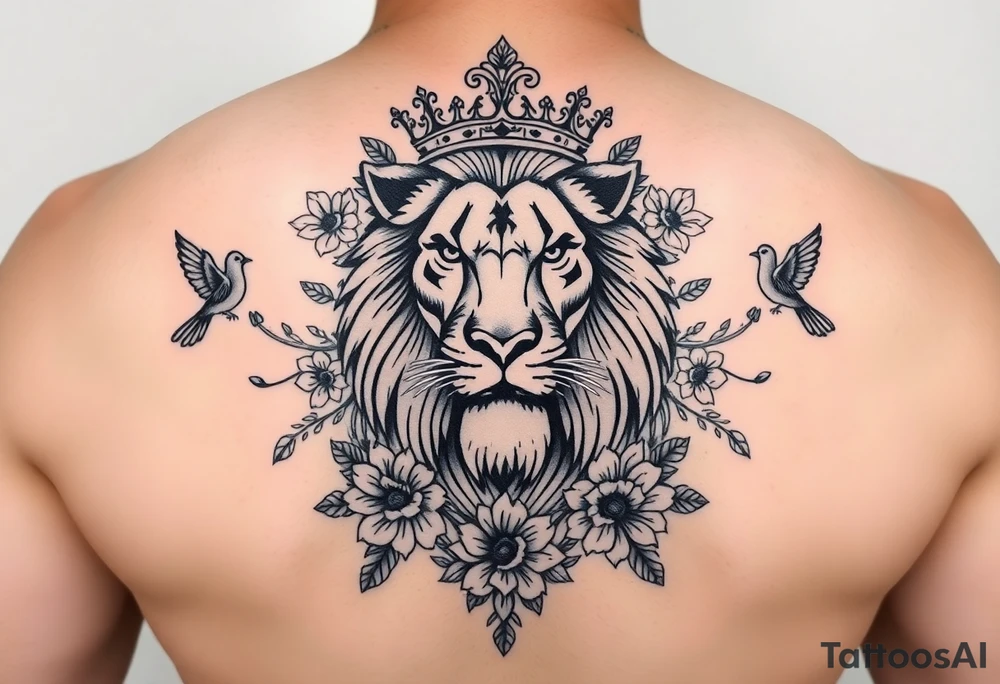 powerful majestic lion with a crown, surrounded by floral ornaments and birds tattoo idea