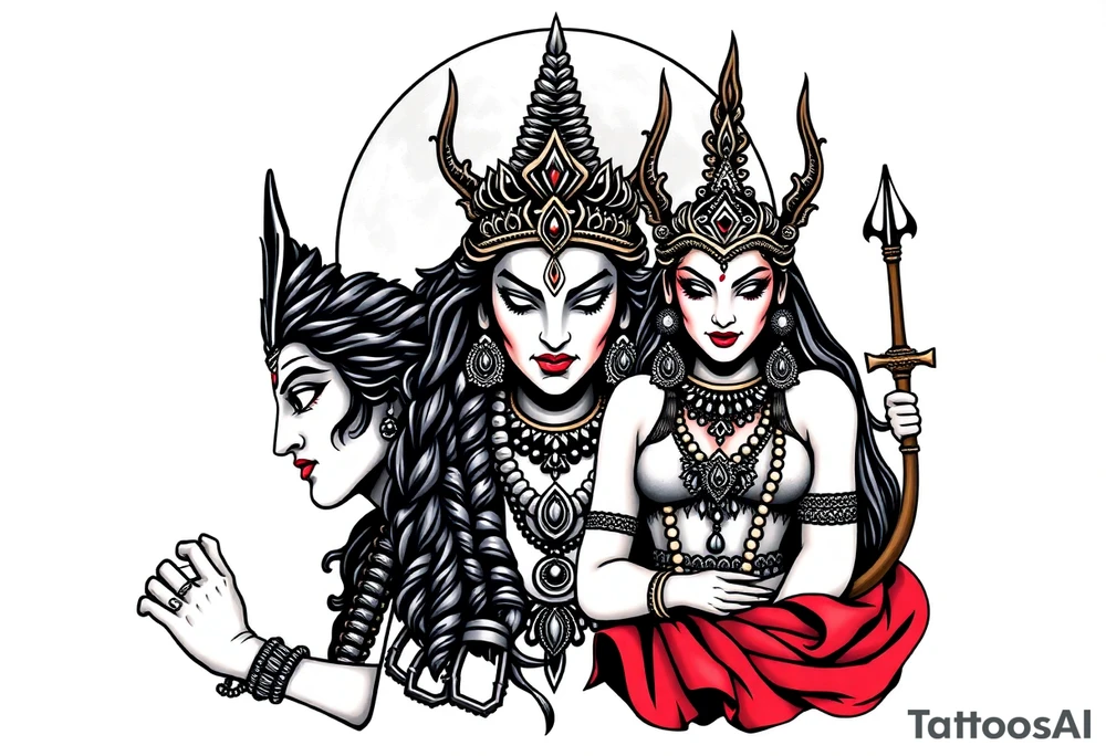 Lord Shiva, Godess Kali, Godess Lilith Together with the moon in the background tattoo idea