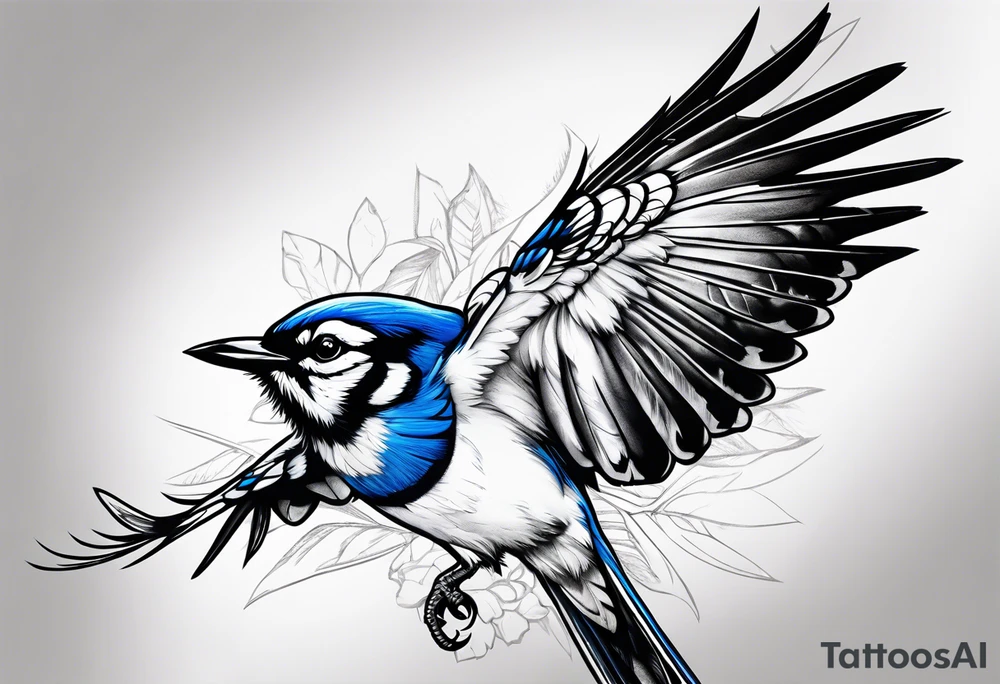 Strong blue jay bird in flight head down tattoo idea