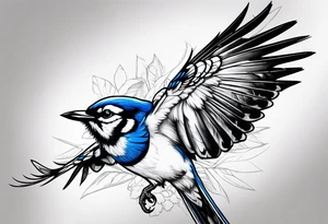 Strong blue jay bird in flight head down tattoo idea