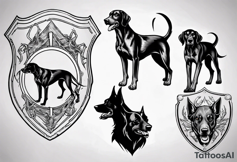 shield with three black hunting hounds tattoo idea