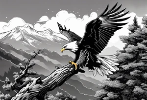 Eagle Attacking a White Dove on a tree limb in the mountains tattoo idea