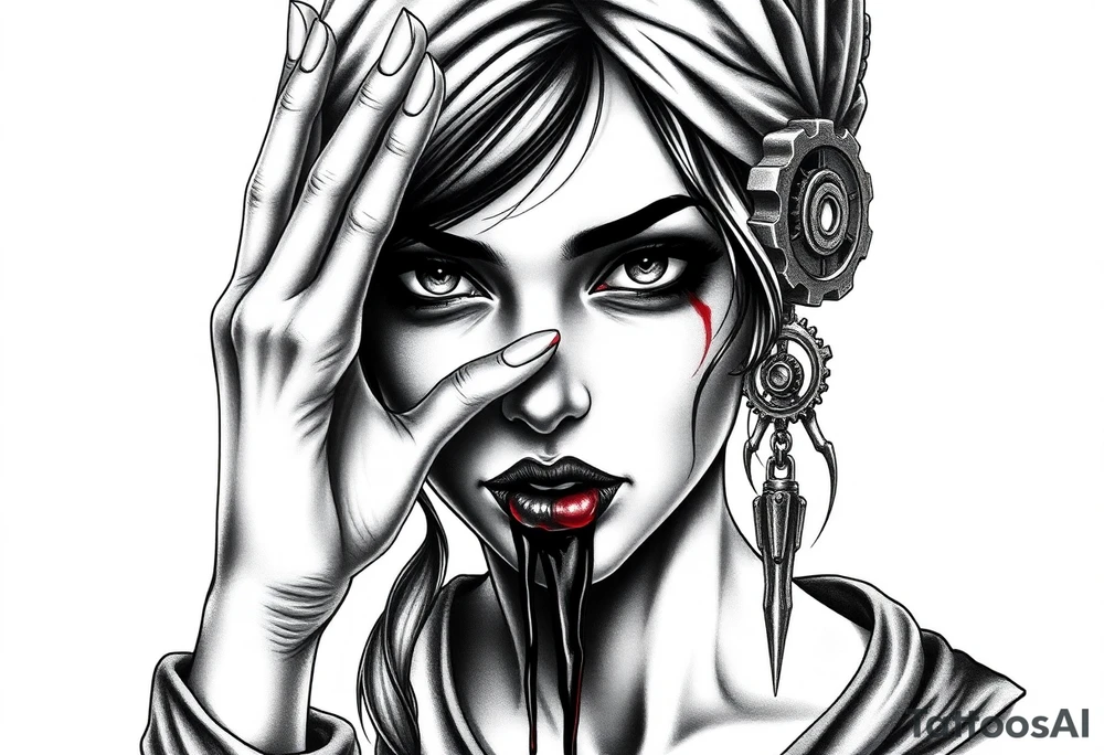 Black and grey realism tattoo design of a beautiful woman's face. Her right hand covers her eyes (see no evil), her left index finger is at her lips (speak no evil). Her ears are dripping blood that is steaming down her neck and cheek. The style is black and grey realism, hyper-realistic, dark, and evil. Incorporate ninja gear elements and mechanical details (gears) subtly into the background or clothing for a gear ninja evil look. Design for a full forearm sleeve placement tattoo idea