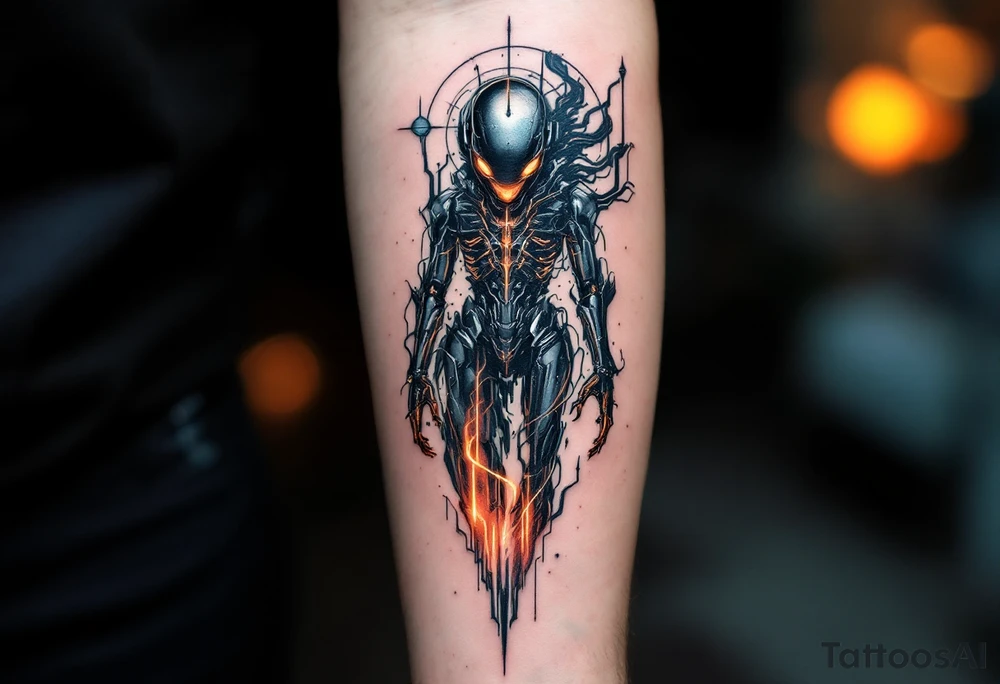 A half-android full arm design in glossy gunmetal, lit from within by soft amber light trails tattoo idea