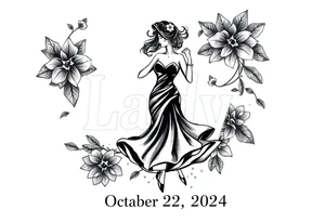 the date October 22, 2024. With the name ‘Lady’. salsa music and dancing elements. tattoo idea