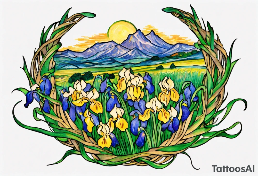 Create a small colorful Vincent van Gogh Irises tattoo in the form of a crescent, with vines or Celtic knots gracefully intertwining at a central point in the middle of the wreath.  In the middle of the wreath are mountains and other items found in New Mexico. Ensure that the design avoids the appearance of a bush and maintains a more structured and deliberate arrangement. The intended placement is on the upper chest. The overall design should be small in size while maintaining a delicate and artistic aesthetic. Pay attention to the graceful flow of the vines and the placement of the irises to achieve a refined and elegant look. tattoo idea