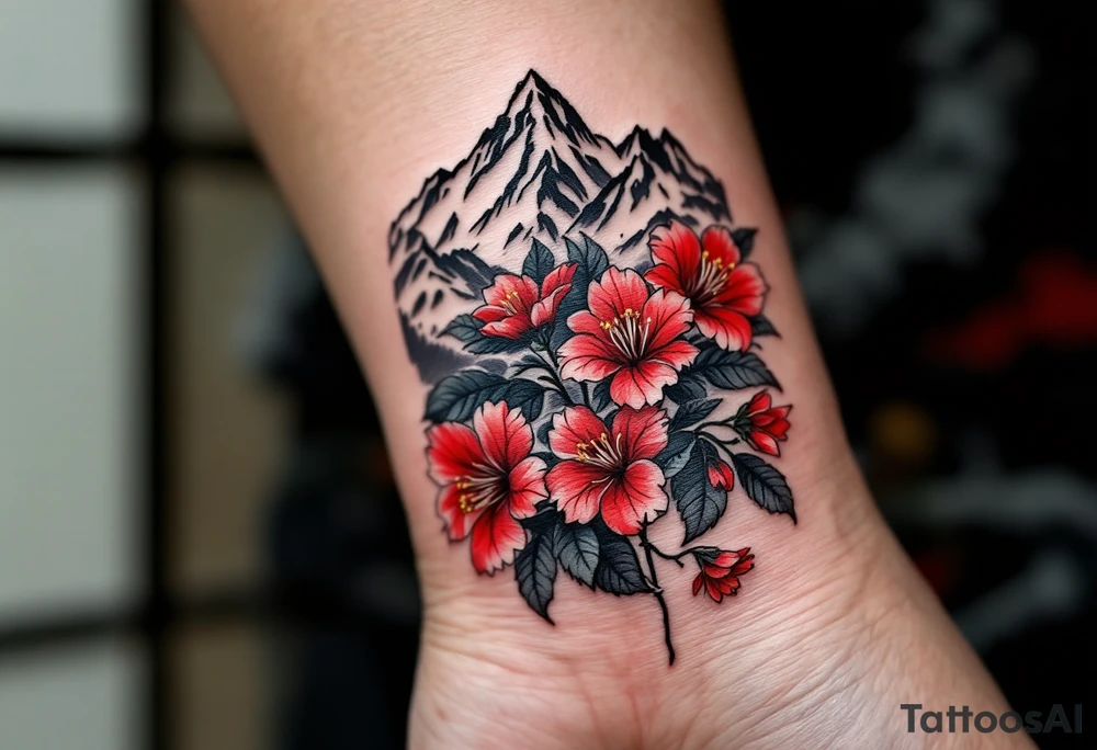 vertical wrist size red  and black rhododendron trippy with Himalayas behind tattoo idea