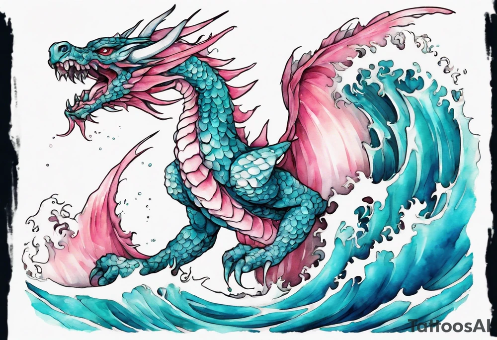 a beautiful turquoise pink and white wyvern rising from the blue waves of the ocean tattoo idea