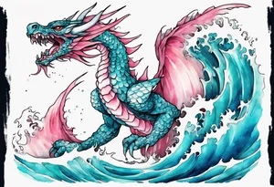 a beautiful turquoise pink and white wyvern rising from the blue waves of the ocean tattoo idea