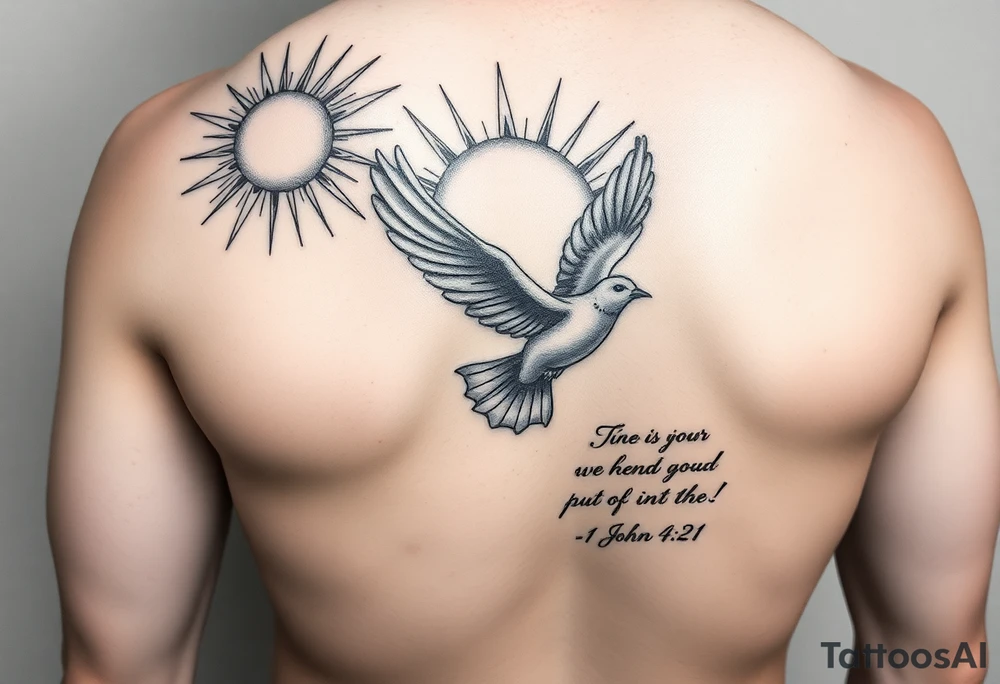 sun rays starting on the shoulder going a bit onto chest and down arm with some clouds, mourning dove, bible verse 1 John 4:21 written on the bicep, this is going to be a sleeve tattoo idea