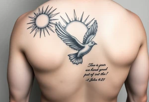 sun rays starting on the shoulder going a bit onto chest and down arm with some clouds, mourning dove, bible verse 1 John 4:21 written on the bicep, this is going to be a sleeve tattoo idea
