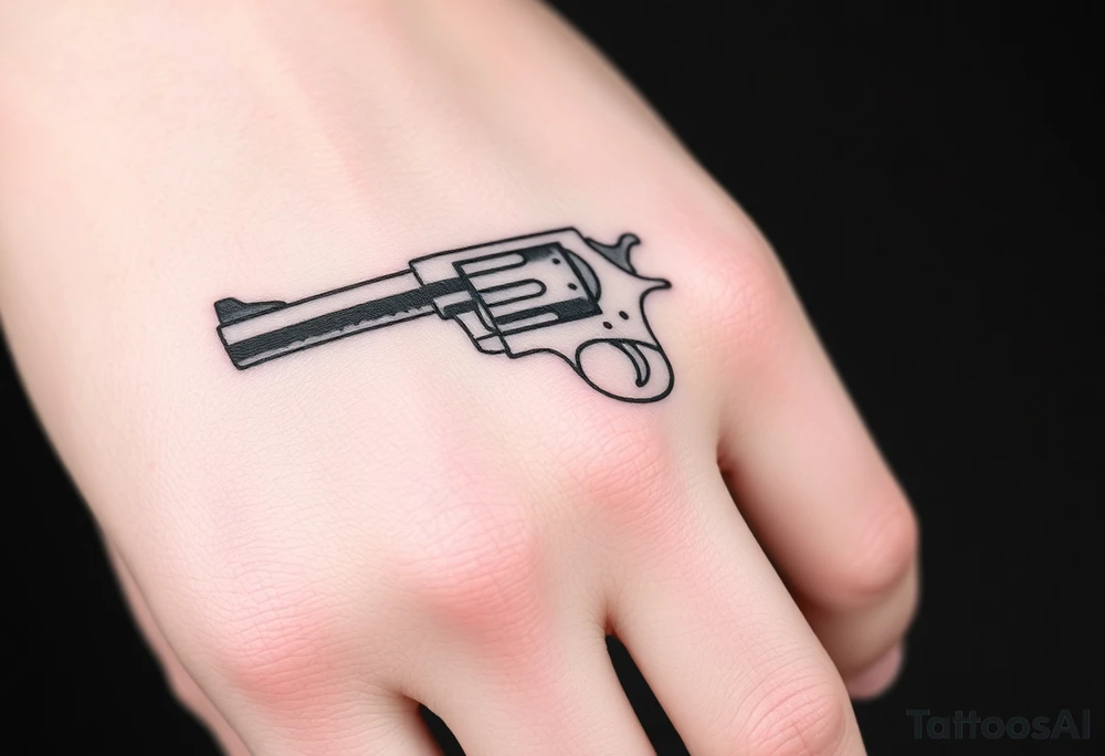 Revolver .45 caliber elegant but simple art work on gun. With barrel being pointer finger and but of gun near wrist. tattoo idea