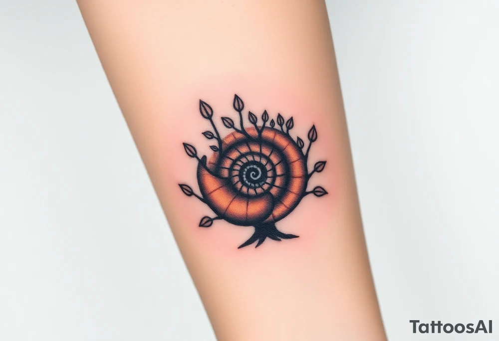 Fibonacci spiral shell inside of tree with little leaves tattoo idea