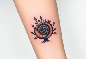 Fibonacci spiral shell inside of tree with little leaves tattoo idea