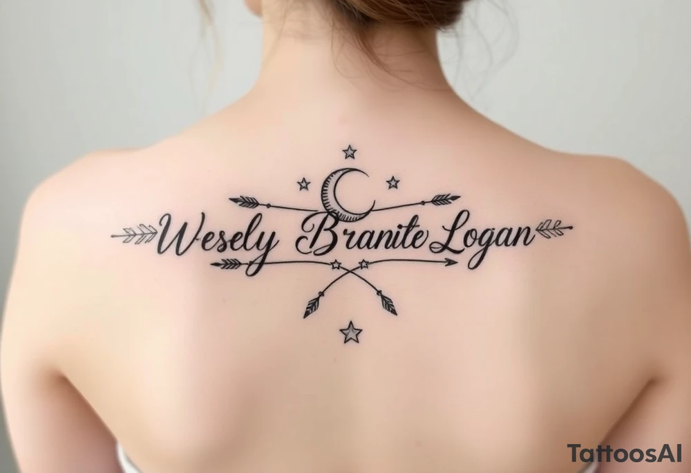 Name tattoo with Wesley Brantley Logan with entwined arrows and moons and stars tattoo idea