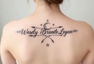 Name tattoo with Wesley Brantley Logan with entwined arrows and moons and stars tattoo idea