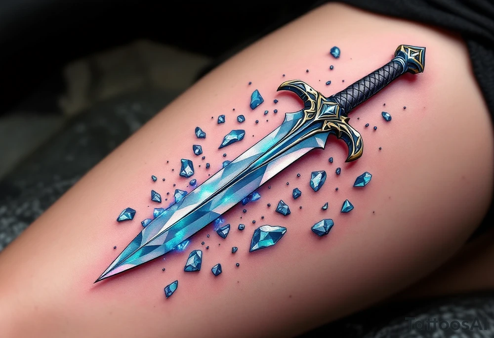 Abstract Dagger and Shards – A stylized dagger with shards of broken glass or crystals scattered around it. The dagger is silver with bright white reflections, while the shards are done in frosty blues and purples. tattoo idea