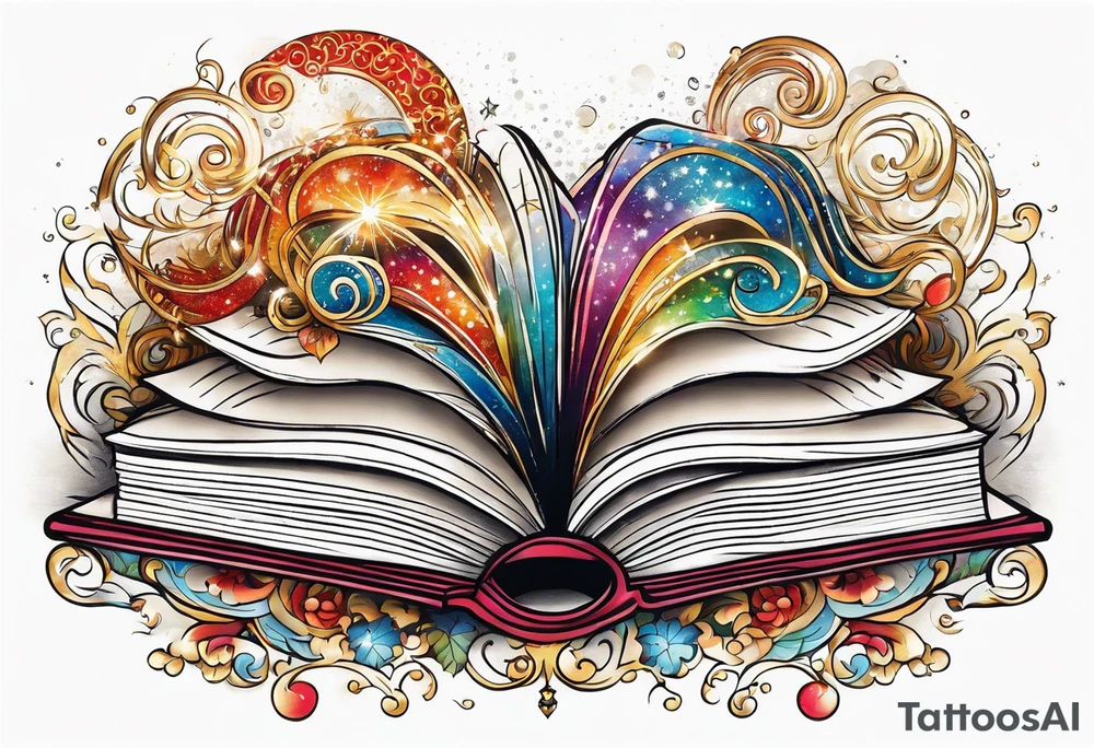 Books with sparkles and swirls tattoo idea