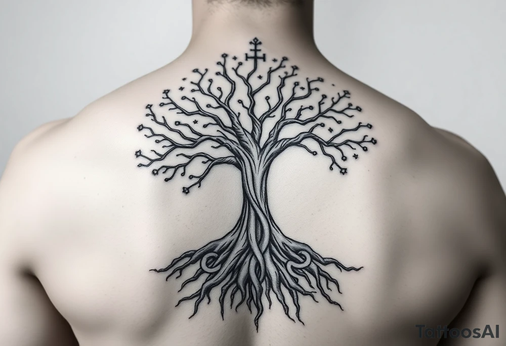 mystical tree of life with cosmic roots and celestial branches with HIV-positive symbol tattoo idea