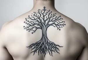 mystical tree of life with cosmic roots and celestial branches with HIV-positive symbol tattoo idea