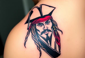 A stylized Jack Sparrow with exaggerated pirate hat and wild dreadlocks, done in bold black ink with deep red highlights for the bandana tattoo idea