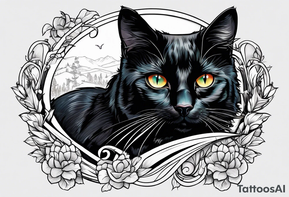 Black cat looking through a planchet tattoo idea