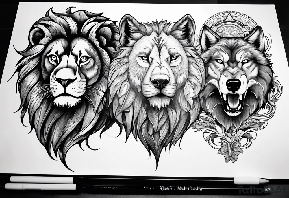 Faces of a Lion, and eagle, and a wolf tattoo idea