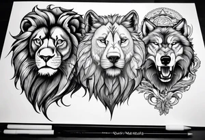 Faces of a Lion, and eagle, and a wolf tattoo idea